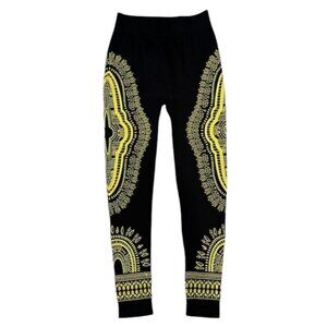 Black Leggings with Yellow African Aztec TATTOO Print Athletic Stretch One Size